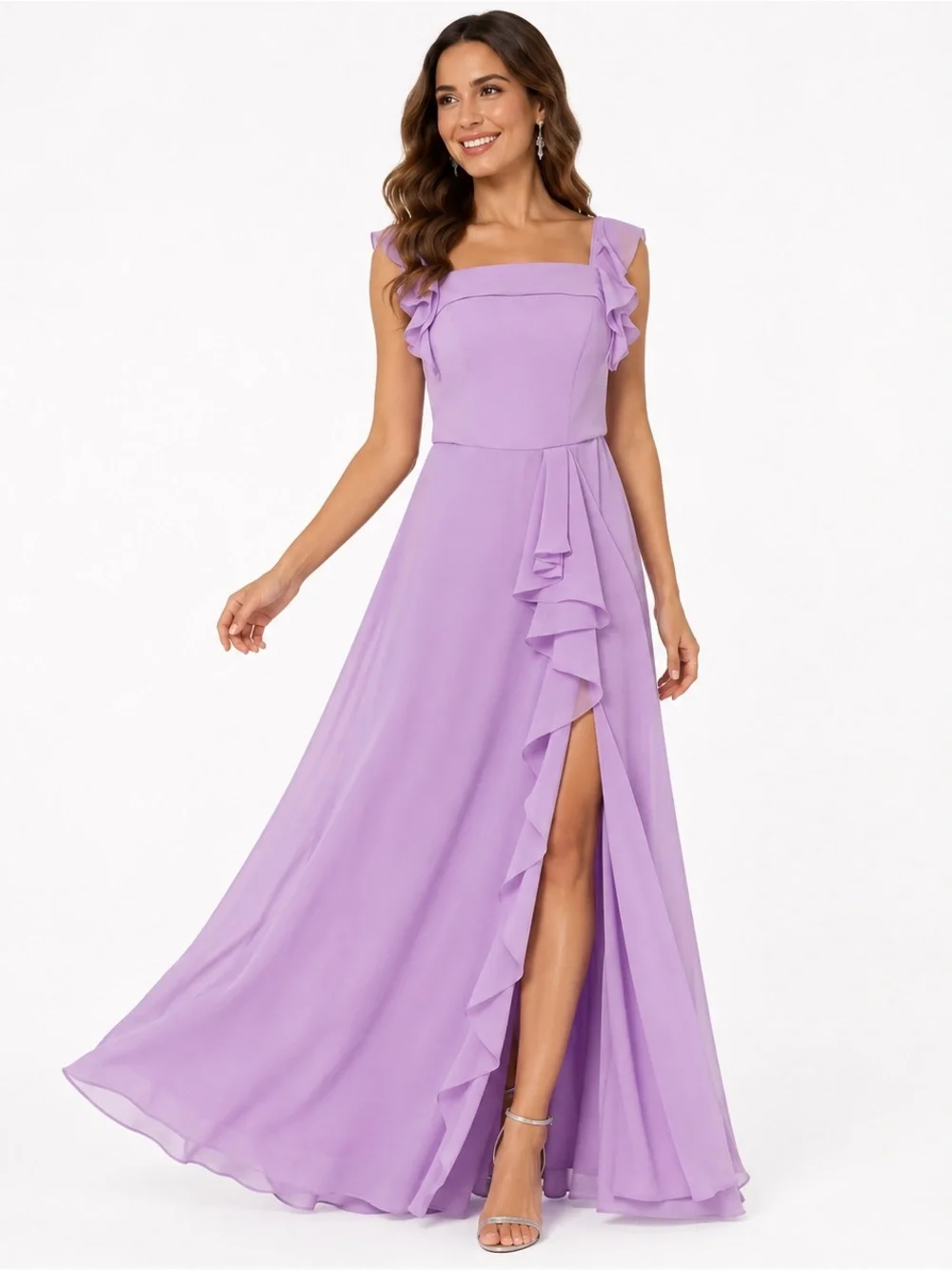 Lavender Chiffon Ruffle Slit Corset Maxi Formal Gown Size 4 NWOT